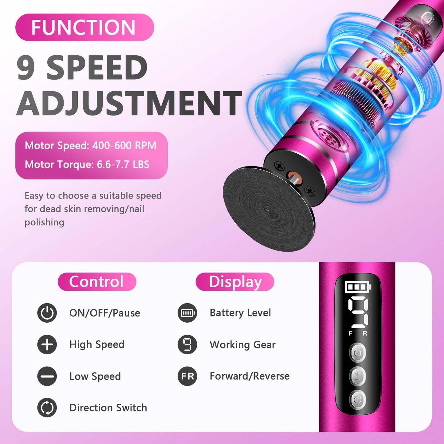 EAONE Portable Electric Foot File-Callus Remover for Feet, Professional 2 in 1 Foot/Nail Filer -Digital Display for Battery Level & 9 Speed Control-Rechargeable Pedicure Tool for Dead Skin (Silver)