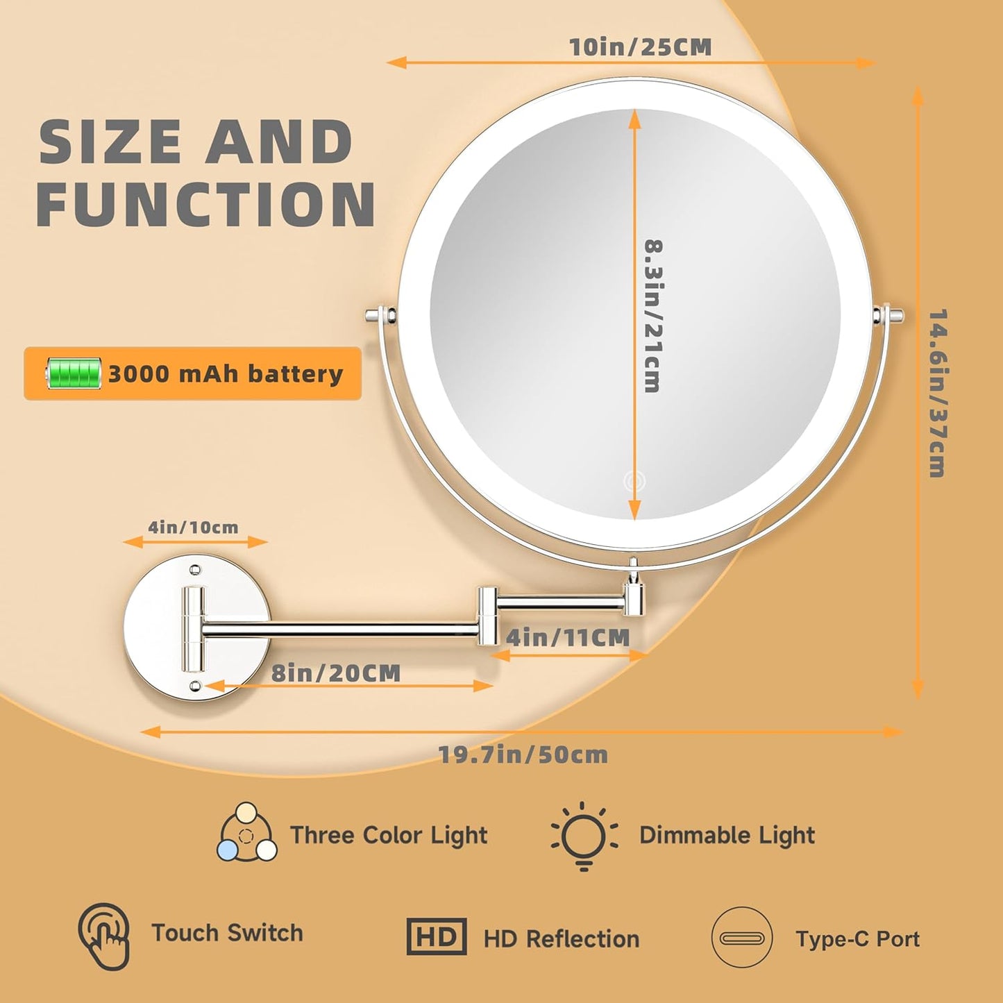 Wall Mounted Makeup Mirror with Light - 10” Double-Sided 1X/7X Magnification | Dimmable 3-Color Touch Control, 360° Rotation