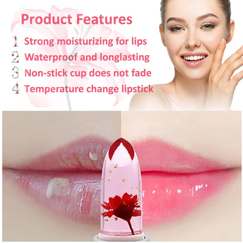 BKPPLZP 3 Pack Crystal Flower Jelly Lipstick,Magic Color Changing Lipstick,PH Clear Temperature Color Changing Lip Gloss,Lip Balm,Long Lasting Nourishing Moisturizing Lip Stick Set E