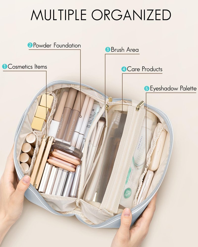 VLANDO Makeup Bag,Travel Toiletry Bag,Cosmetic Bag for Women PU Leather Portable Make up Bag for Skincare, Brushes & Travel Essentials-Baby Blue