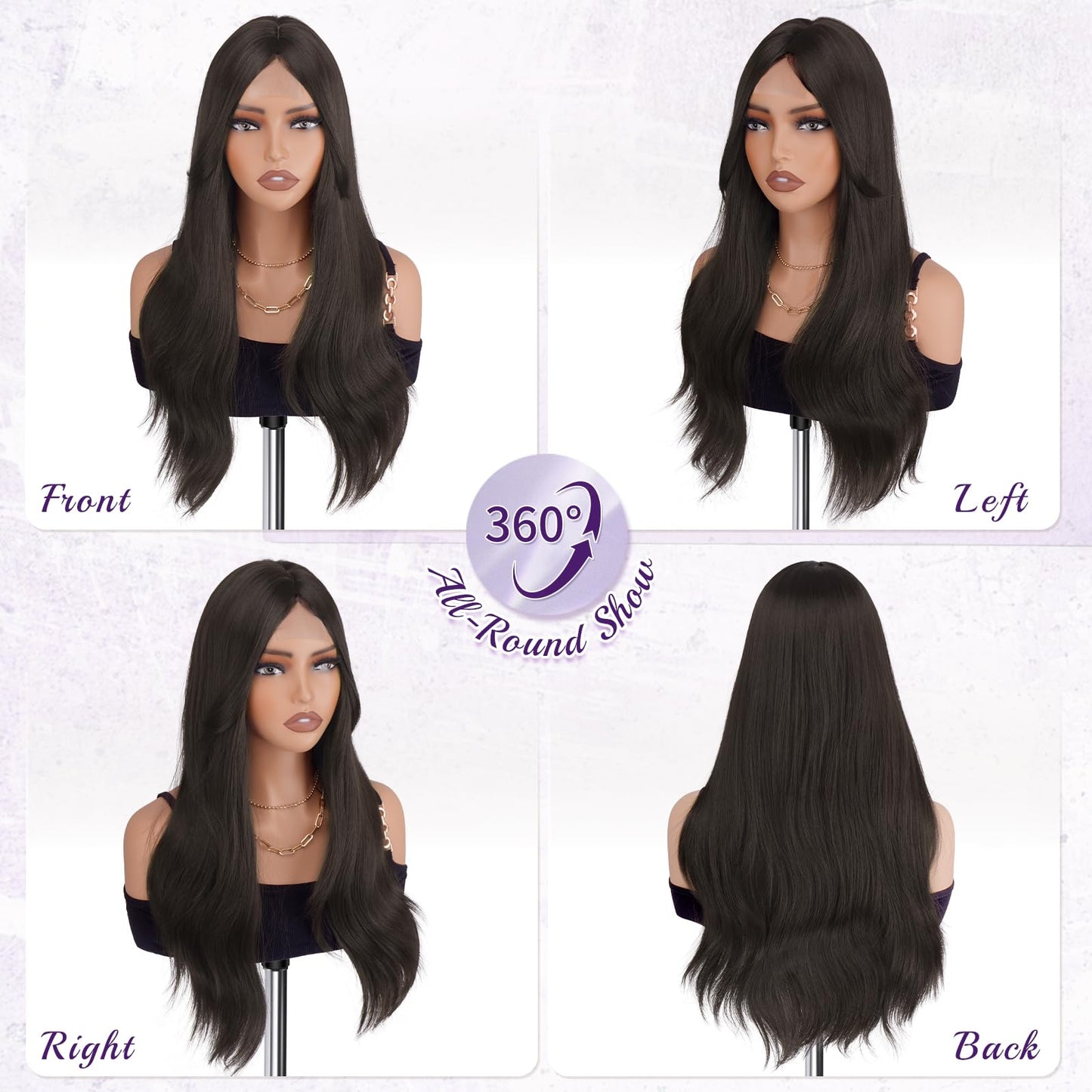 Haloo Brown Wigs with Curtain Bangs - Lace Front Hairline Middle Part Long Layered Natural Looking Wavy Hair Synthetic Women Wig for Daily Party, 22 Inch Dark Brown