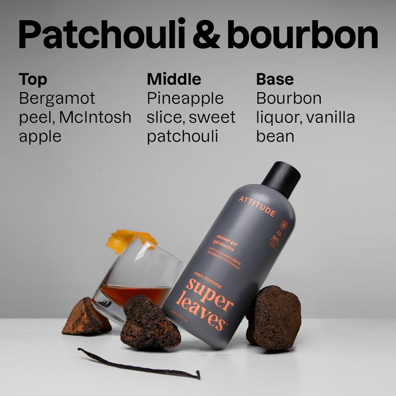 ATTITUDE Men's Shower Gel - 98% Natural Ingredients, EWG Verified | Patchouli & Bourbon, 14 Fl Oz