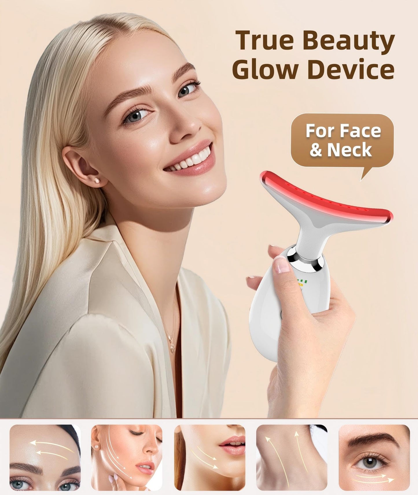 Jobazok 7 Color Face and Neck Massager Light Therapy, Red Light Based Facial Massager for Skin Care, Smoothing, Firming (White)
