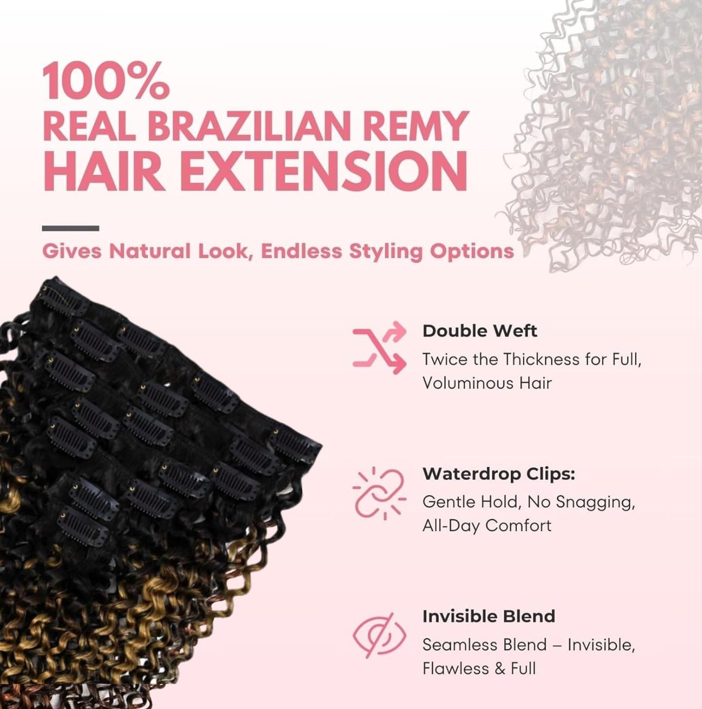 SIYUSI Kinky Curly Clip In Extensions, 14 Inch 3C 4A 100% Brazilian Remy Human Hair Clip Ins, Invisible & Scalp-Friendly, Light Auburn Ombre, 3.52oz, 7Pcs