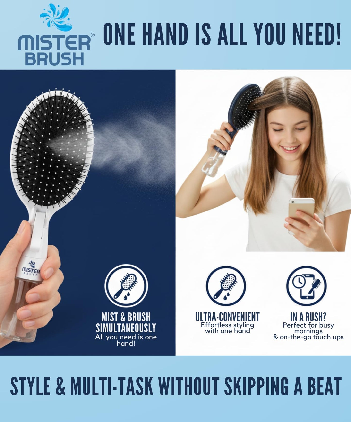 Mister Brush 2-in-1 Hairbrush Mister – Innovative Hair Mist & Brushing Tool for Wet & Dry Hair Styling – No-Tangle Bristles, Convenient Water Reservoir, Easy-to-Use (Pink)