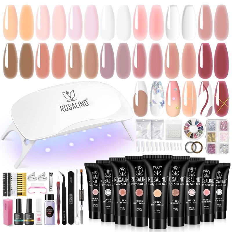 Poly Nail Gel Kit -20 Colors + 76 Nail Art Accessories ROSALIND Nude Clear Poly Nails Gel Kit Starter Kit with Slip Solution Nude Pink Nails Extensions with Mini UV Lamp