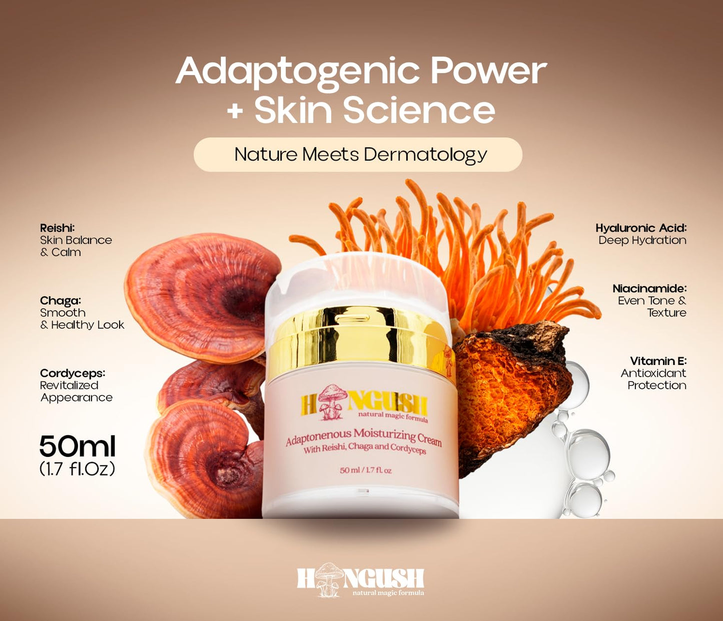 HONGUSH Natural Formula Facial Moisturizer (Reishi, Chaga, and Cordyceps) – Lightweight Daily Hydrating Face Cream for Dry and Oily Skin – Non-Greasy Moisturizer – 50 ml