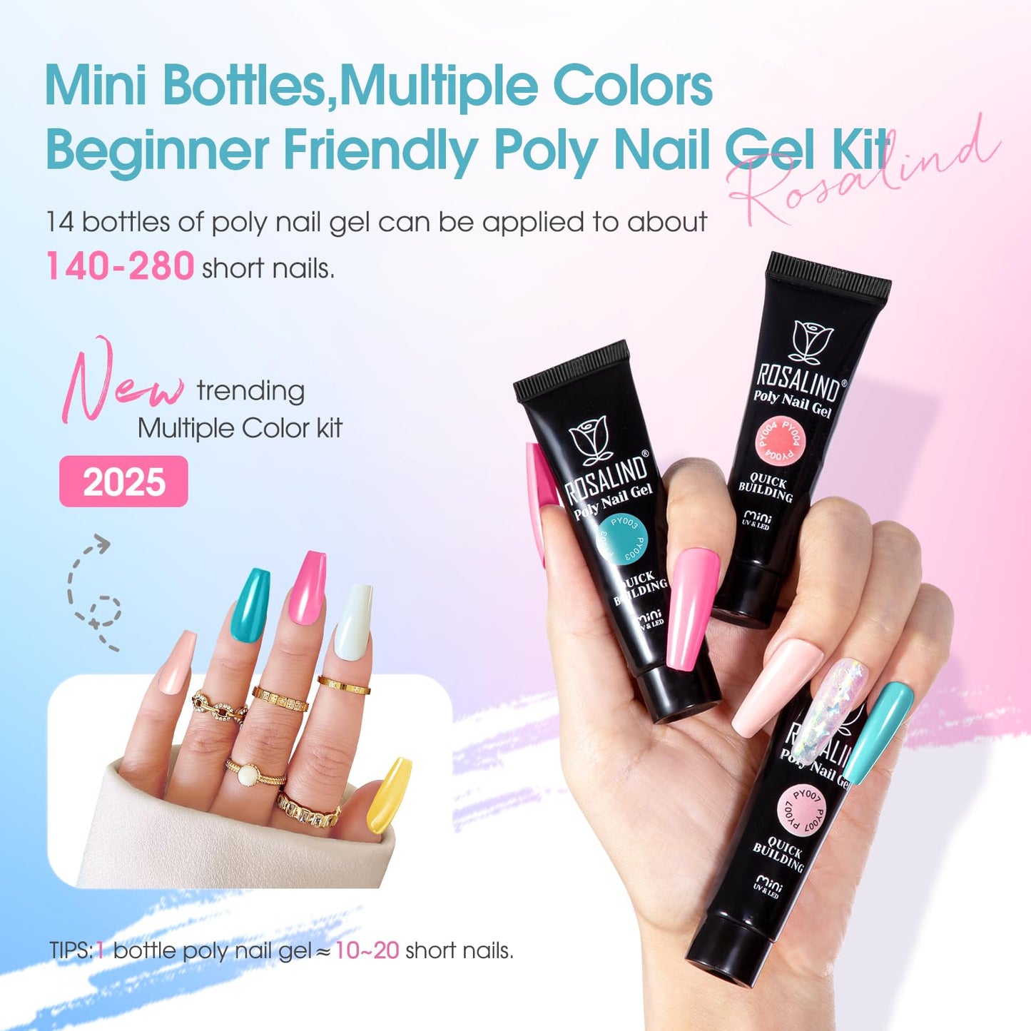 ROSALIND Neon Poly Nail Gel Kit with Drill -14 Colors Poly Extension Gel with U V Lamp Slip Solution and Electric Nail Drill Starter Kit, 0.34 oz/10 ml Nails Extension Set Home Salon DIY for