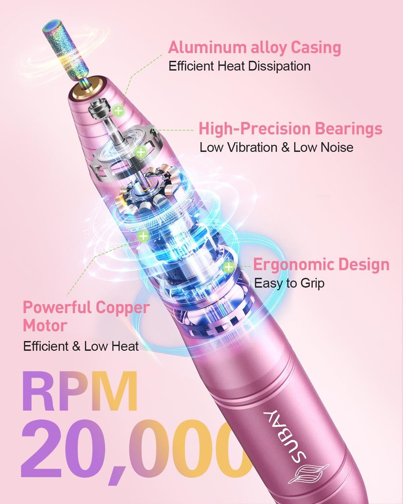 Electric Nail Drill - Portable Manicure & Pedicure Tool for Acrylic Gel Nails | 6 Bits & 26 Sanding Bands - Pink