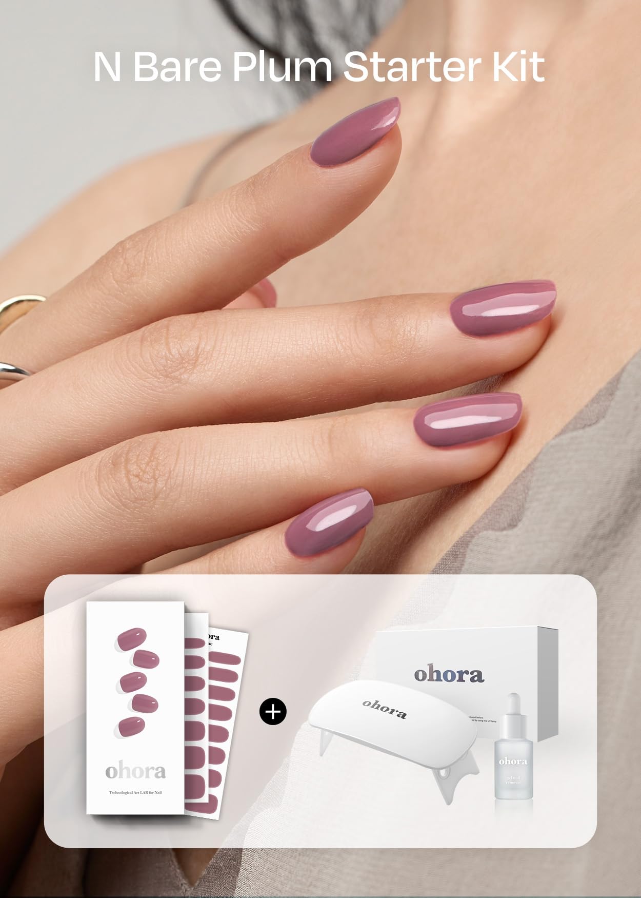 ohora Semi-Cured Gel Nail Strips Value Set (N Tint Reddish Starter Kit) Includes Full Size Lamp and Mini Remover, Salon-Quality, Long Lasting, Easy to Apply & Remove