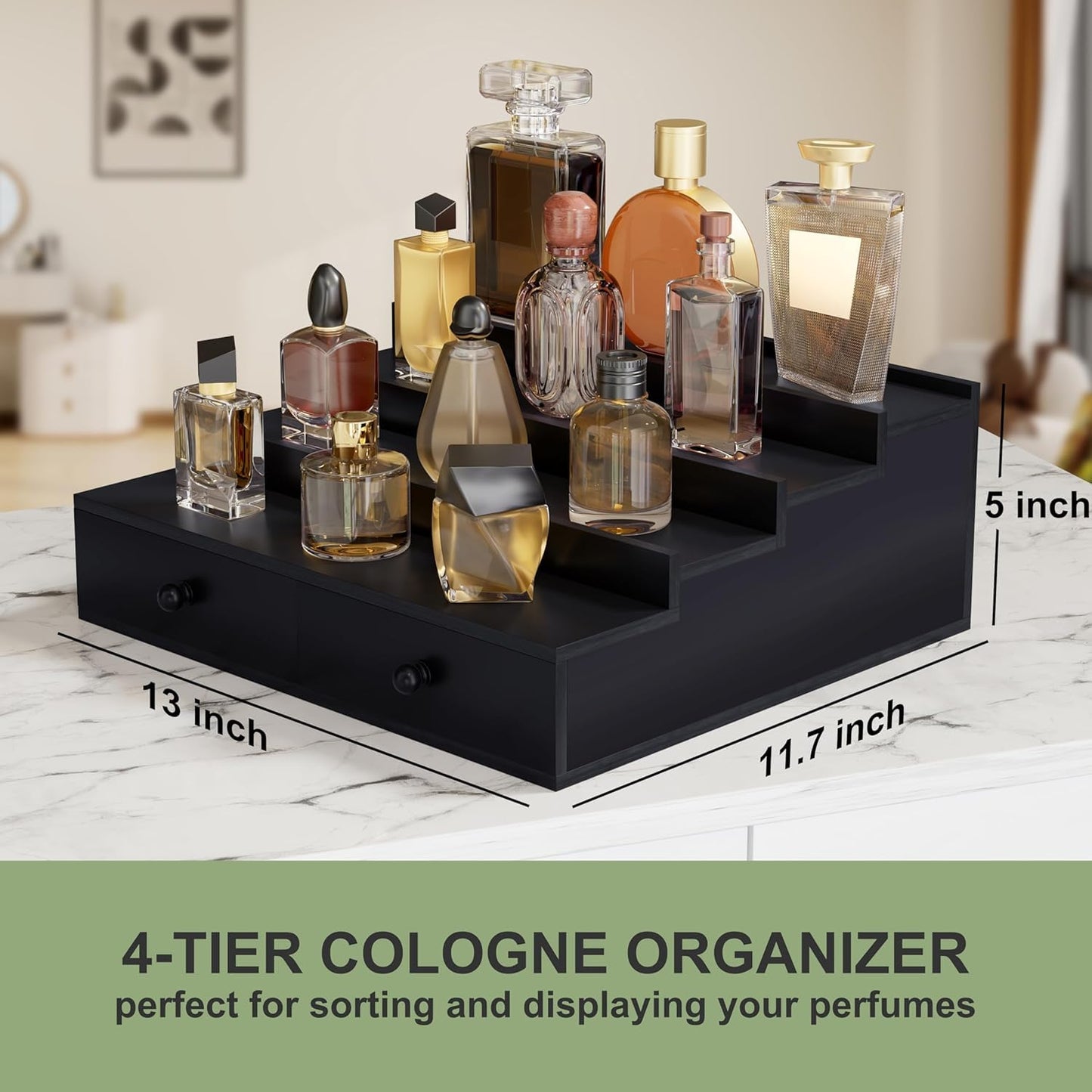 Boulphia 4 Tier Wooden Cologne Organizer with Drawer Storage and Hidden Compartment, Black Perfume Display Stand