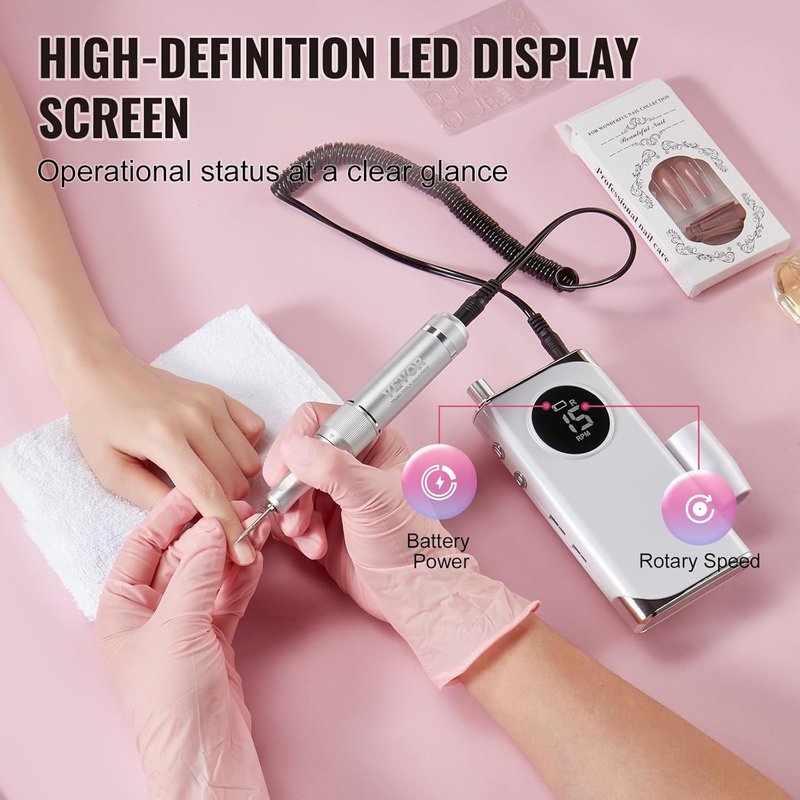 VEVOR Electric Nail Drill - 40,000RPM Rechargeable E-File Machine with LCD Display | 6 Bits & 50 Sanding Bands for Manicure & Pedicure