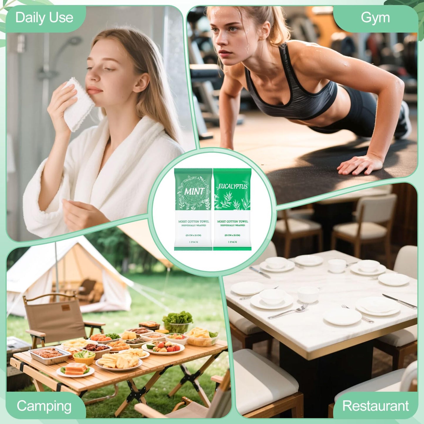 Moist Towelettes, Disposable Pre Moistened Towels Individually Wrapped, Soft Portable Face & Body Wet Towels for Travel Hotel Sport Camping Spa 9.8 inch (Pack of 100, Mint & Eucalyptus Leaf)