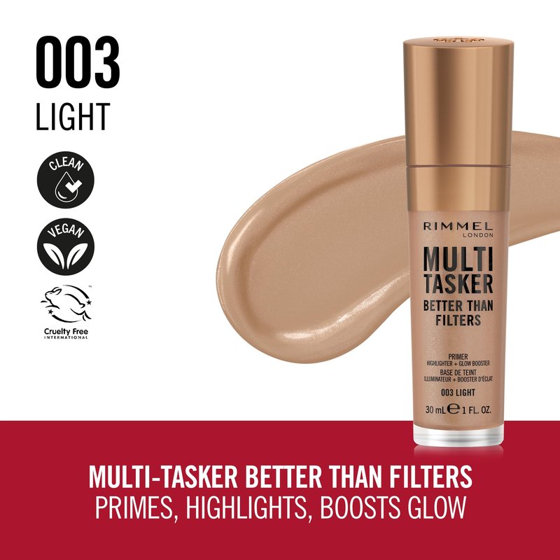 Rimmel Multi-Tasker Better Than Filters, 003 Light, Face Primer, Glow Booster and Highlighter, Vegan Formula, Anti-Ageing Benefits, Light-Reflecting Pigments, Giant Soft-Touch Wand, 1oz