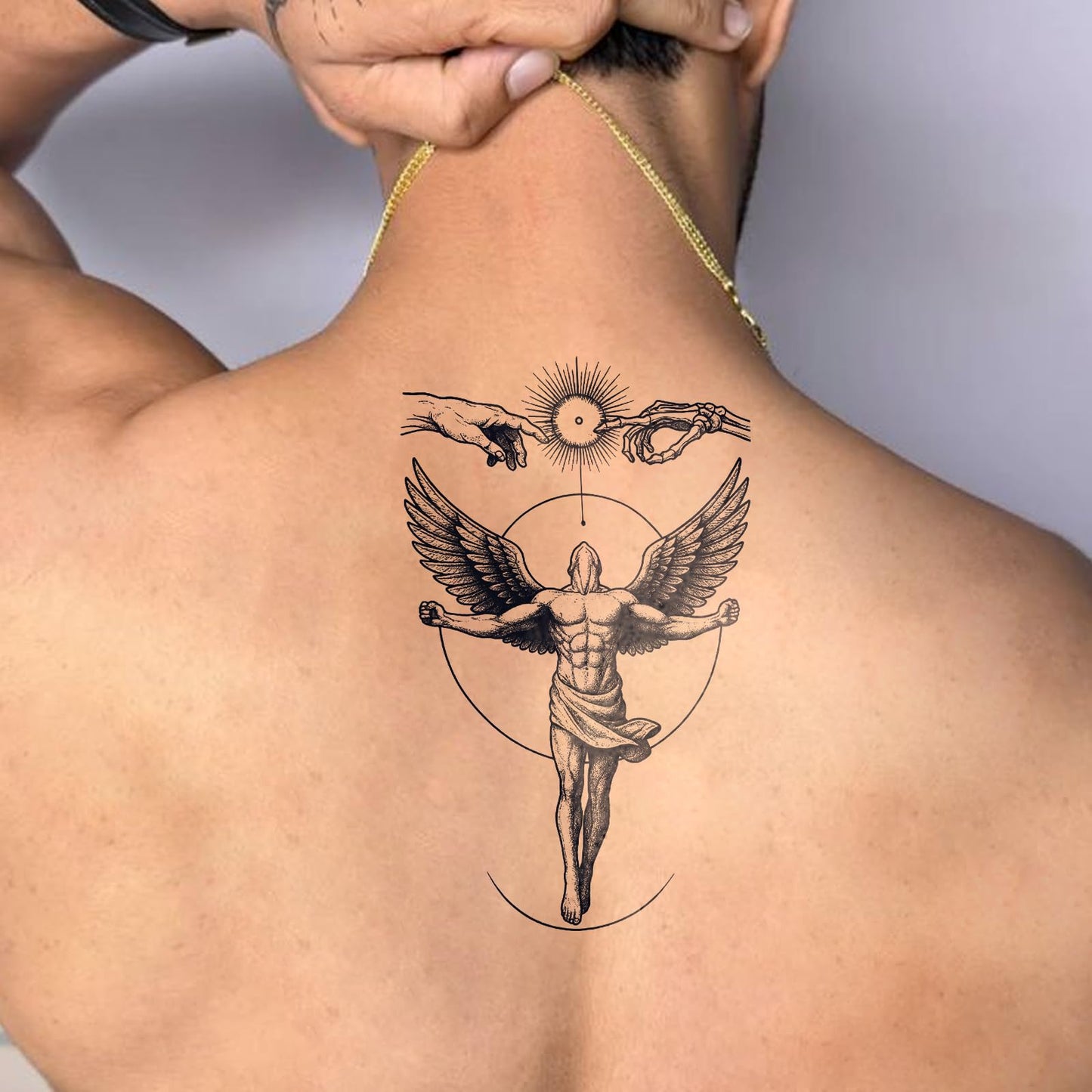 UBICA Semi Permanent Tattoos, 2 Sheets Large Realistic Temporary Tattoos for Men, Fake Tattoos for Arm Back, Waterproof, No Reflective, Lasts 1-2 Weeks (Mythical Angel Wing & Cards Win Designs)