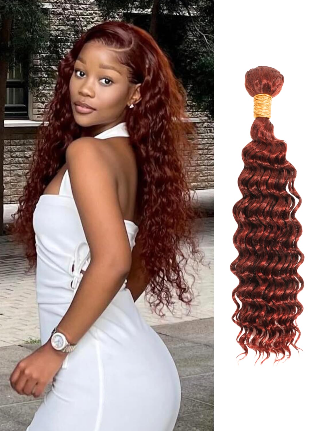 AUROO Reddish Brown Curly Human Hair, Thick Track Auburn Copper Red Colored Deep Wave Single Bundles 12A Weave Curly Bundles 100% Virgin Human Hair Remy Sew in 12 inch