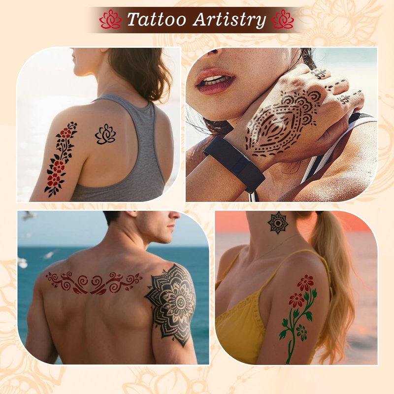 Temporary Tattoo Stencils Kit - 4 Pcs Tattoo Cones 3 Colors Ink (Brown,2* Black,Maroon) |Tattoo Stencils Kit Includes Reusable Stencils, & Gloves | DIY Body Art for Kids & Adults Party Gifts
