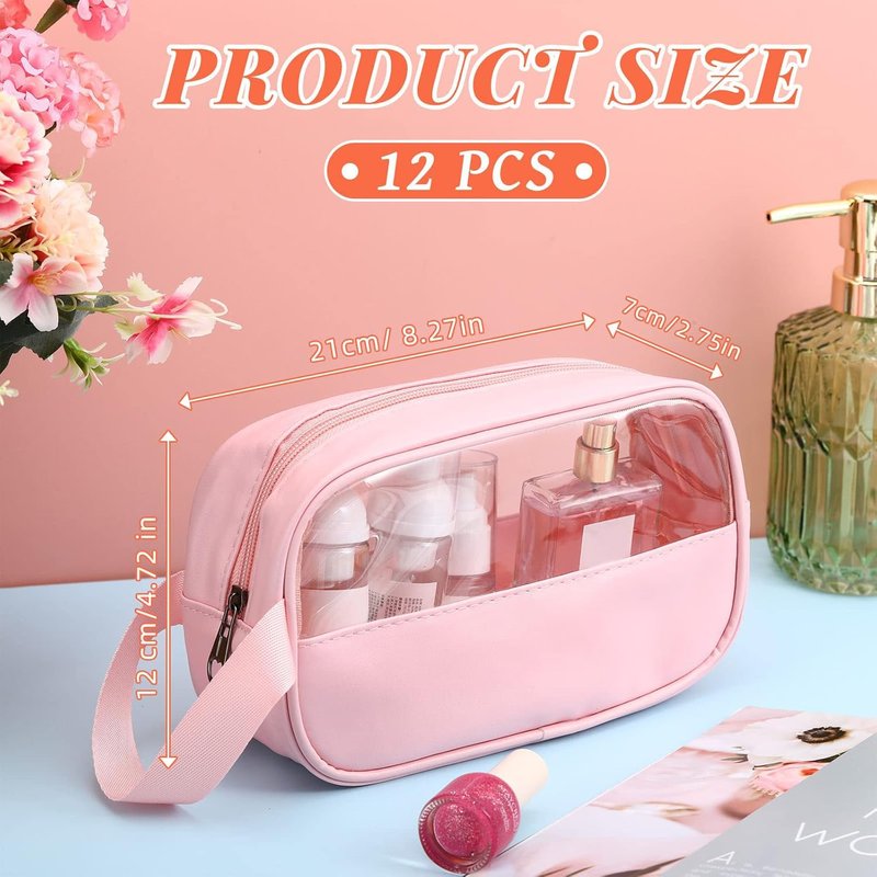 Buryeah 12 Pieces Toiletry Bags Bulk for Women Men Translucent Small Travel Makeup Pouch Portable Waterproof Organizer Set for Accessories Toiletries Gifts for Wedding(Pink)