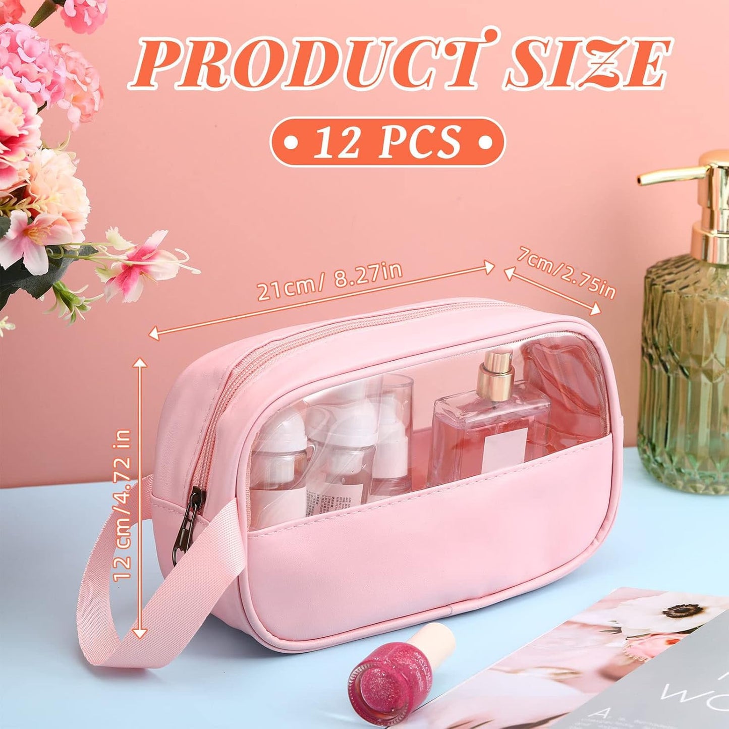 Buryeah 12 Pieces Toiletry Bags Bulk for Women Men Translucent Small Travel Makeup Pouch Portable Waterproof Organizer Set for Accessories Toiletries Gifts for Wedding(Pink)
