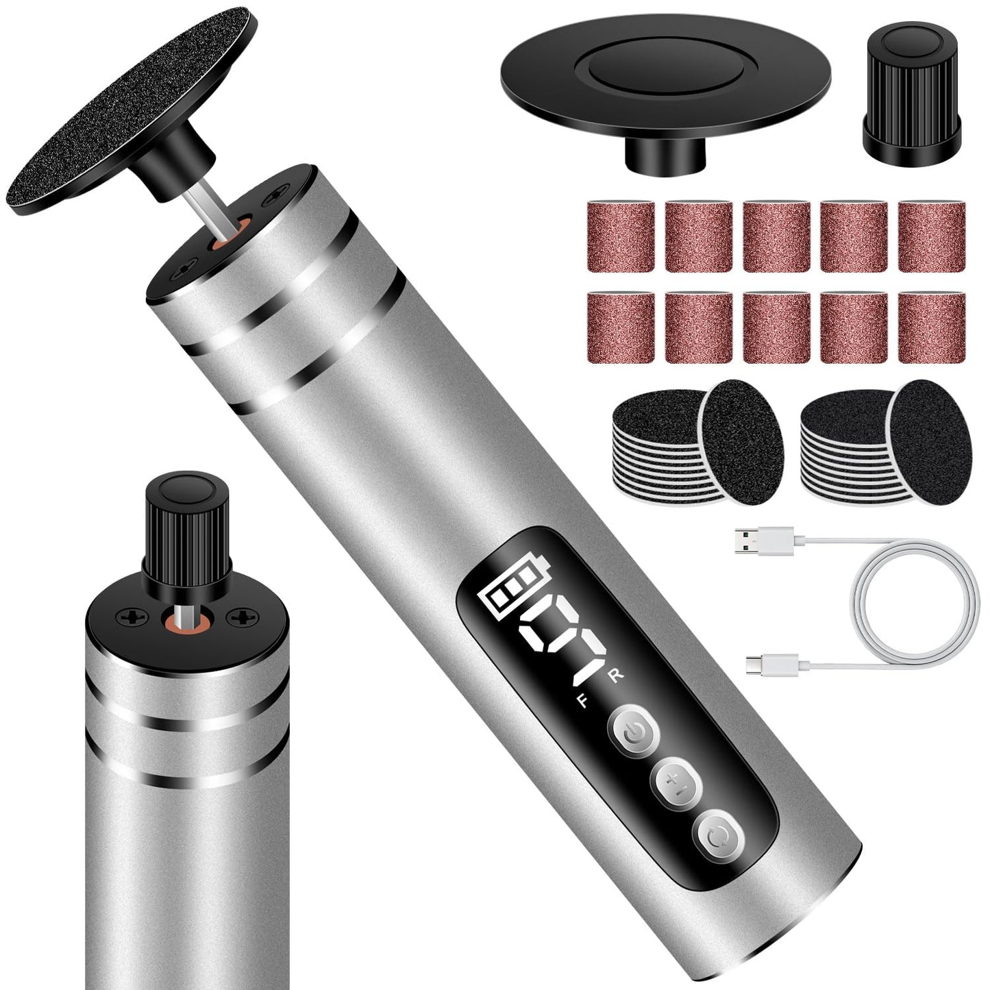 EAONE Portable Electric Foot File-Callus Remover for Feet, Professional 2 in 1 Foot/Nail Filer -Digital Display for Battery Level & 9 Speed Control-Rechargeable Pedicure Tool for Dead Skin (Silver)