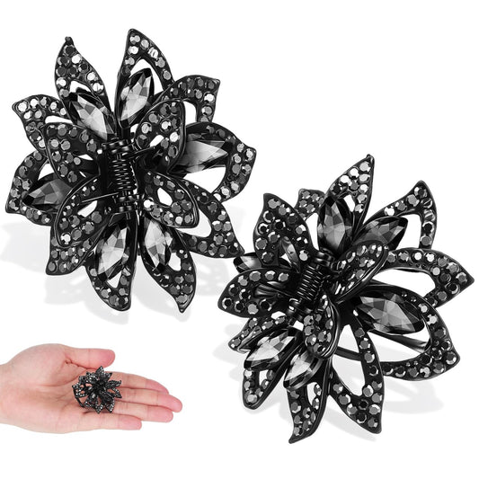 FRCOLOR 2pcs Rhinestone Claw Hair Clips for Women and Girls Decorative Small Flower Hair Claw Clips for Thick and Fine, Black