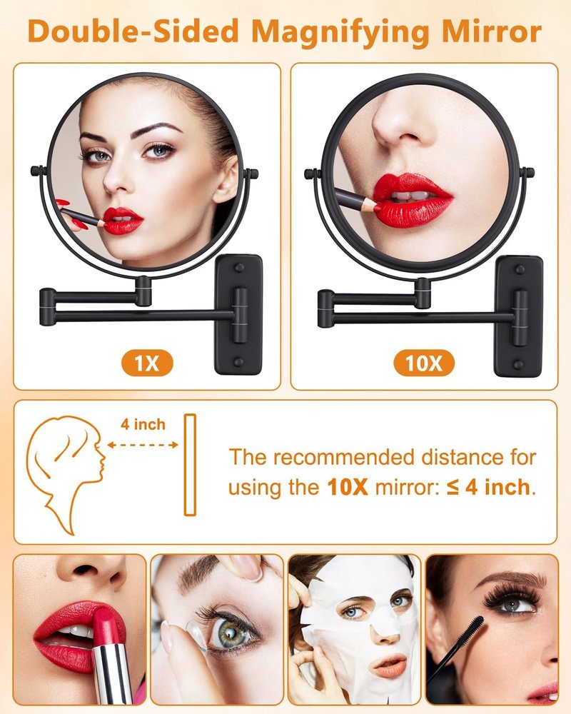 Wall Mounted Makeup Mirror - 8 Inch Double-Sided 1X/10X Magnification | 360° Swivel Extendable for Bathroom, Black