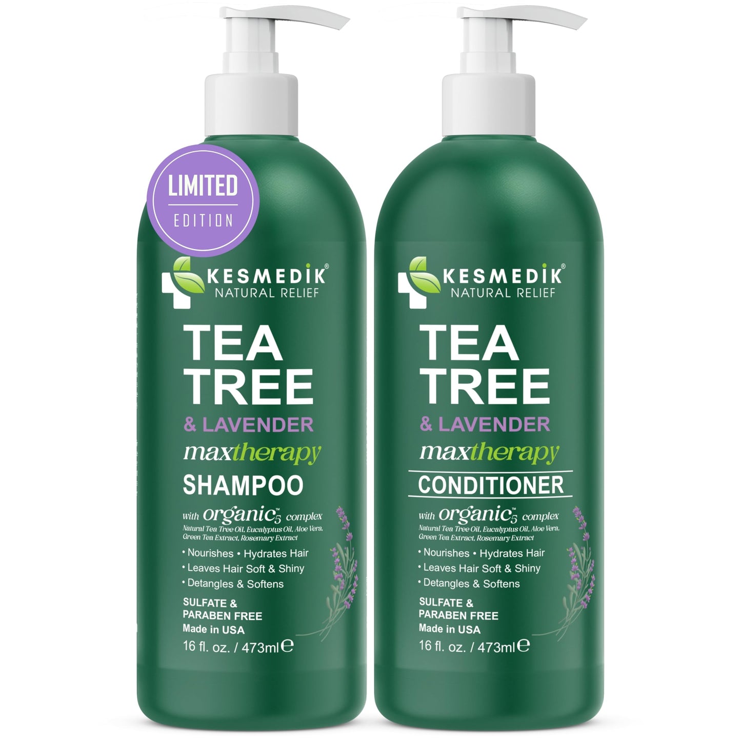 KESMEDIK Tea Tree Lavender Shampoo & Conditioner Set with Mint & Rosemary, Cleanses, Cools & Soothes Dry, Itchy Scalp, Sulfate & Paraben-Free, For All Hair Types, 16 fl oz Each