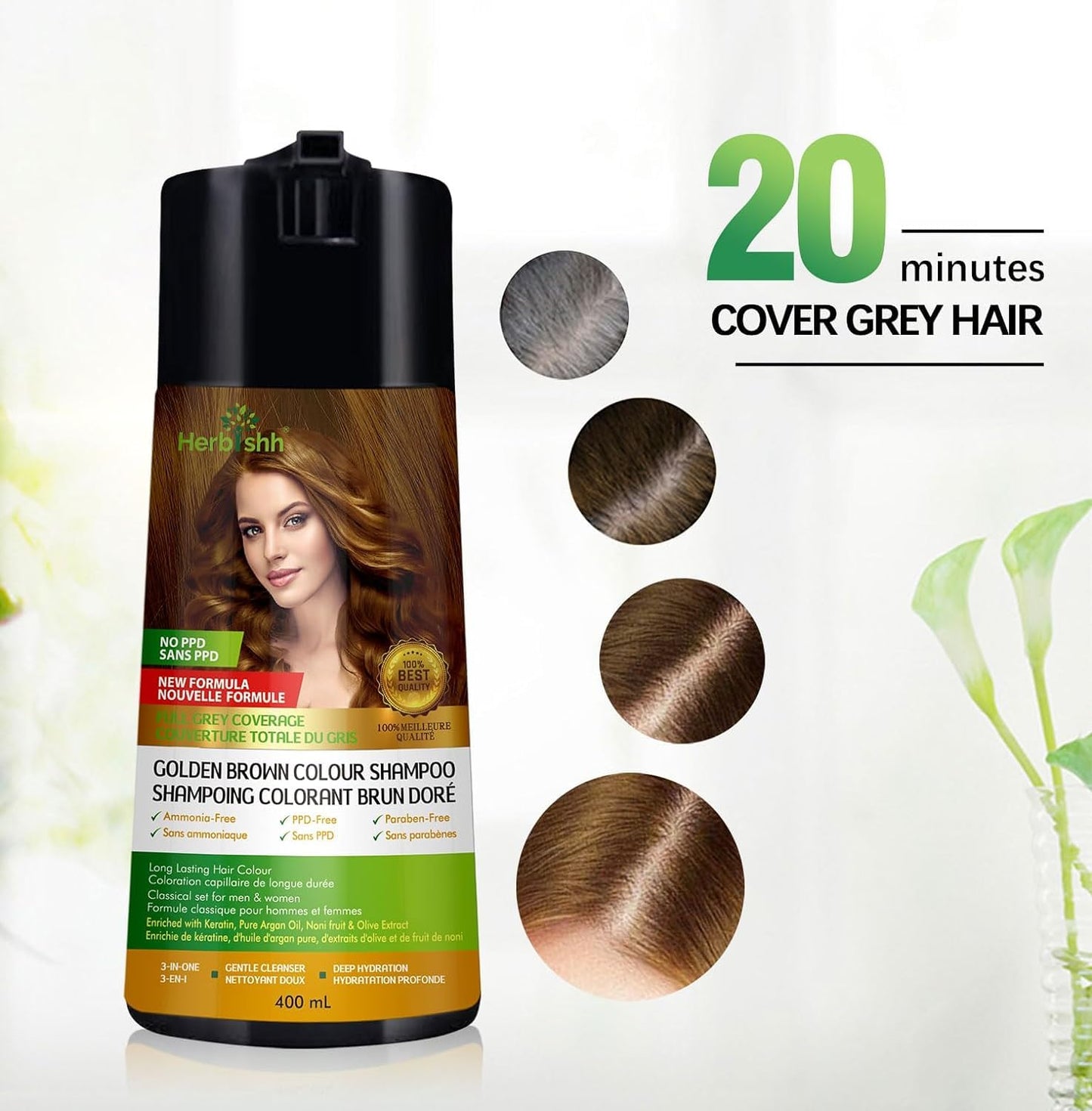 Herbishh Golden Brown 3 in 1 Hair Dye Shampoo 400 ML PPD Free + Hair Color Stain Protector – Dye Shield or Defender for Skin