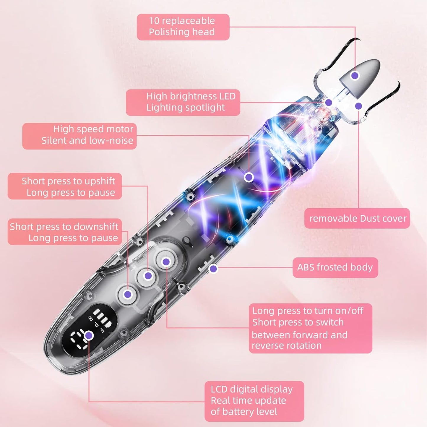 Aleanu Cordless Nail Drill Kit - 10 Speed Rechargeable Manicure & Pedicure Tools for Thick Nails, Cuticles & Pets (Purple)