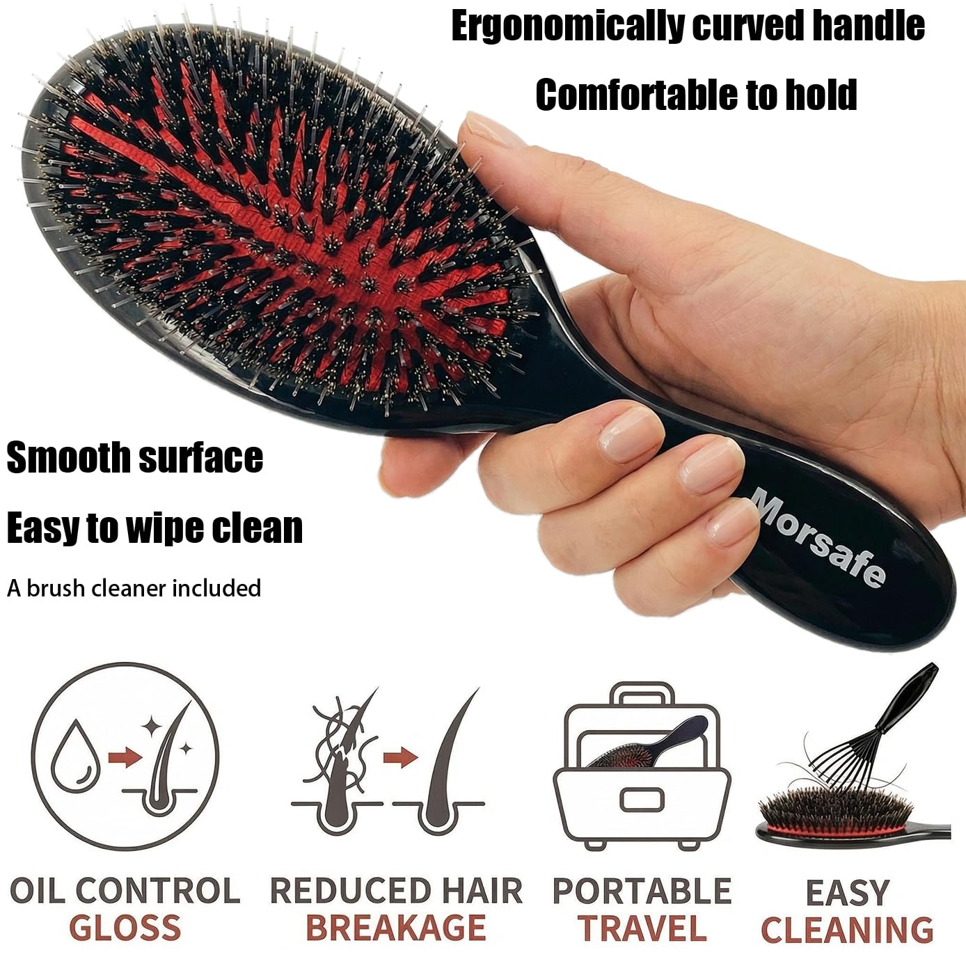 Boar Bristle Hair Brush Paddle Detangling Brush for Women and Men, Anti-frizz Styling Hairbrush Comb for Fine Curly Natural Tangled Hair, Cushioned Boar Nylon Bristle Brush