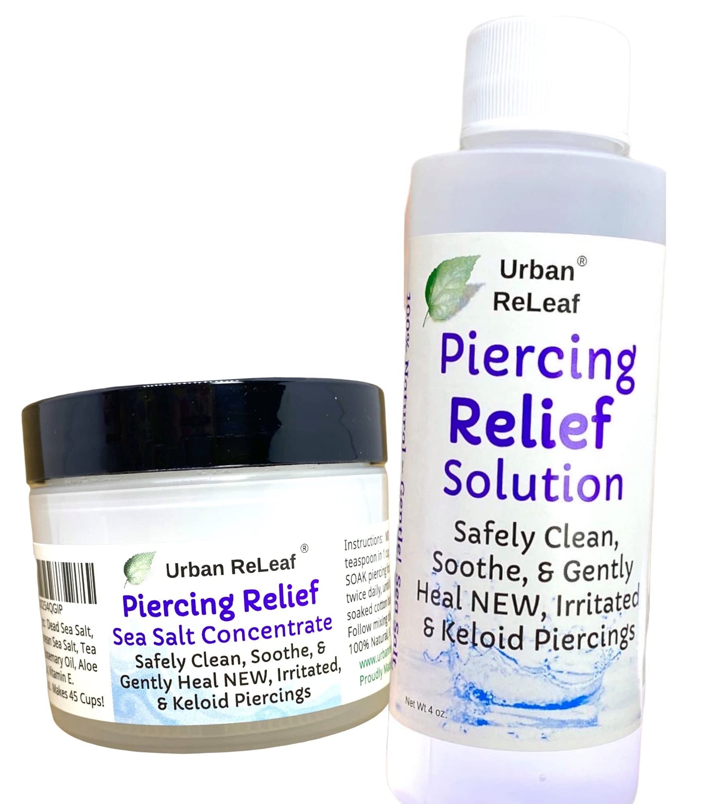 Set of Urban ReLeaf Piercing Relief Solution & Sea Salt Concentrate ! Gentle, Effective Aftercare and Refill Salts. Fast Help for Irritated, Bumpy, Fussy & Problem Piercings, 100% Natural Soothing