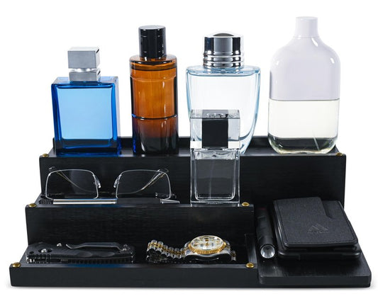 Manzano Essentials Cologne Organizer for Men, Bamboo Wood 4 Tier Display Stand with 2 Hidden Compartments, Perfume, Vanity, Dresser, EDC Organizer, Rustic Black