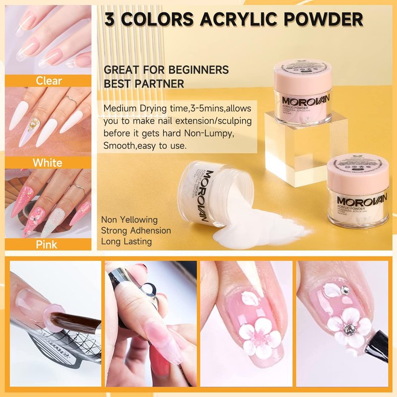 Morovan Acrylic Nail Kit for Beginners: Professional Nails Kit Acrylic Set With Everything Complete Starter Set - with 3 Colors Powder and Glitter Powder