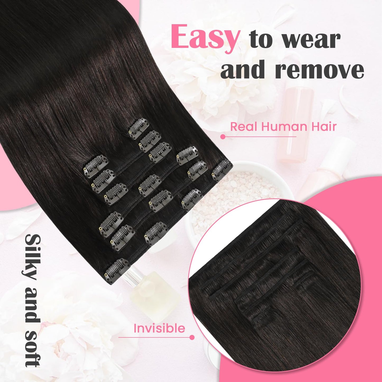 Real Human Hair Clip-In Extensions - Dark Brown 18 Inch, 75G, Seamless 7-Piece Set | Perfect for Women