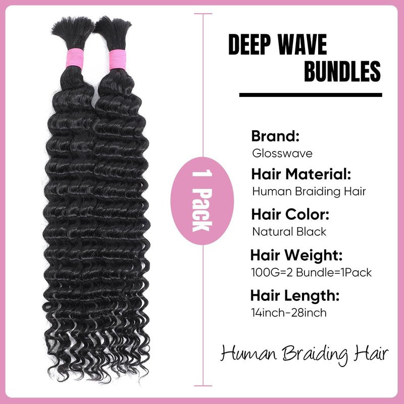 Human Braiding Hair - 14 Inch Deep Wave Bulk Hair for Boho Braids | 100g 12A Virgin Curly (Natural Color)