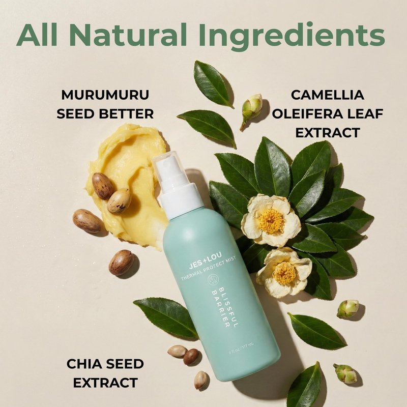 Jess & Lou Beauty Heat Protectant Spray with Natural Ingredients for Smooth, Frizz-Free Hair, Sulfate-Free Vegan Thermal Protection Mist for Blow Dry & Flat Iron, Toxin-Free Shine Spray (4 fl. oz)