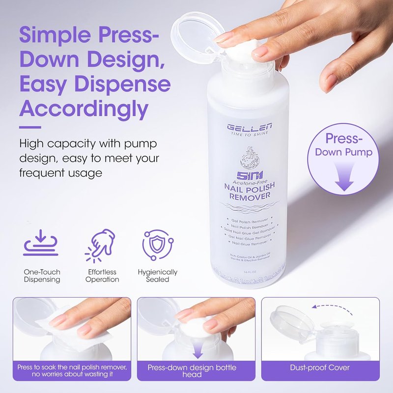 Gellen Non Acetone Nail Polish Remover - Jojoba & Castor Oil Enriched | 16 Fl Oz Soak Off Gel Polish Remover for Home Use