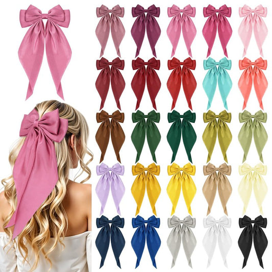 25 Pcs Big Hair Bows for Women, Plain Color Satin Bow Clips Oversized Long Tail Ribbons Bow Knot Barrettes with Alligator Clips, Valentine Hair Accessories for Girls