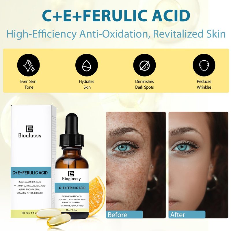 Bioglossy Vitamin CE Ferulic Acid Serum 20% Vitamin C Serum + Vitamin E & Hyaluronic Acid - Skin Moisturizer Face Dark Spot Corrector and Anti Aging 30ml / 1 fl.oz