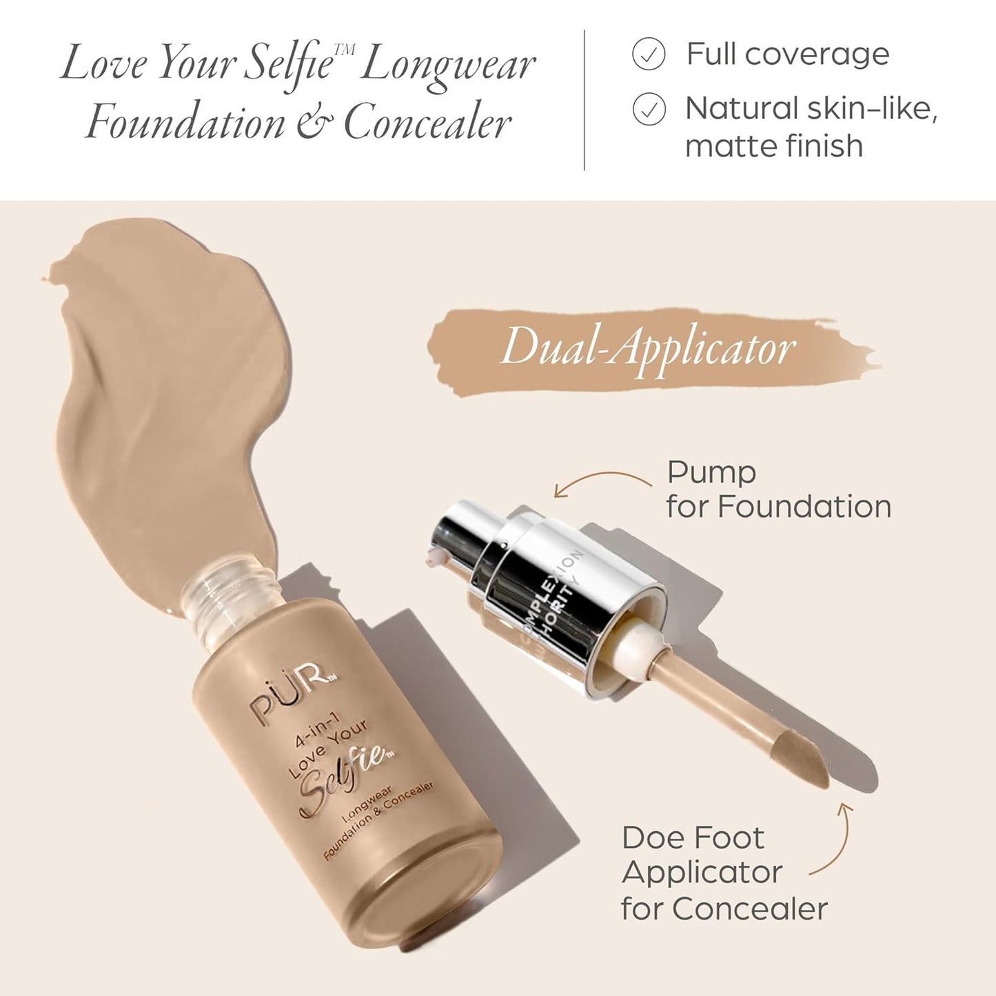 PÜR MINERALS 4-in-1 Love Your Selfie Foundation - Longwear Medium-to-Full Coverage Liquid Makeup for Natural Glow | Hydrating Formula