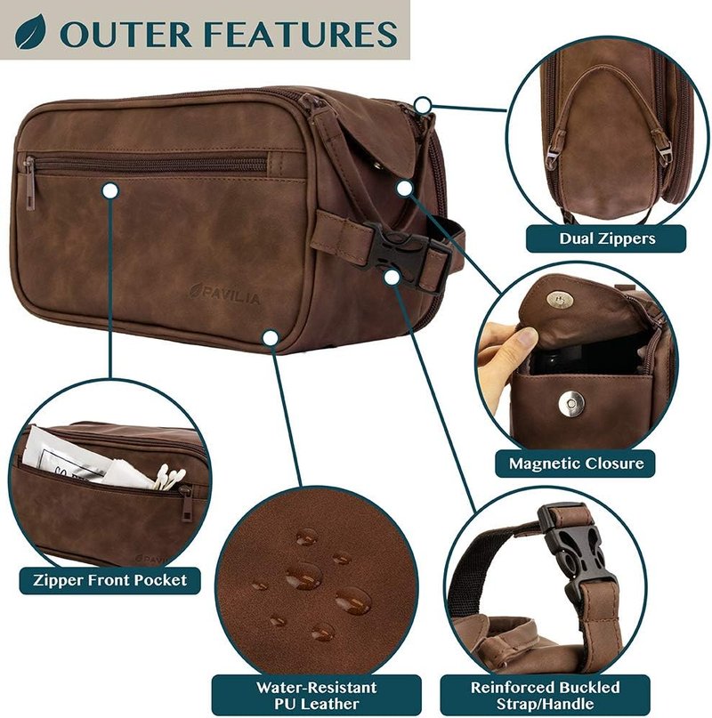 Toiletry Bag for Men - Travel Dopp Kit Organizer | Water-Resistant PU Leather | Dark Brown