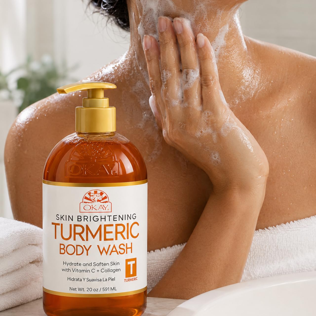 OKAY Turmeric Skin Brightening Body Wash 20 oz – Vitamin C & Collagen Glow Cleanser for Dark Spots & Even Skin Tone