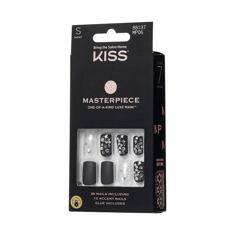 KISS Masterpiece One-Of-A-Kind Luxe Manicure – Short, Square - Show My Throne, Waterproof, Durable, Flexible, No Damage, Trendy & Intricate Nail Art From Home, Lasts Up to 7 Days | 30 Count