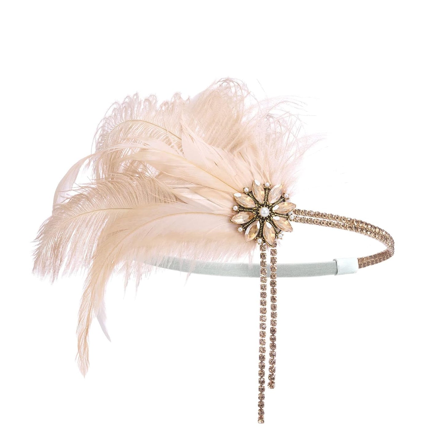 1920s Flapper Headpiece - Rhinestone Pearl Feather Hair Band | Great Gatsby Accessory for Women, Champagne