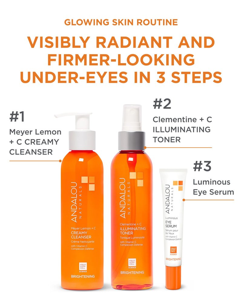 Andalou Naturals Luminous Eye Serum - Illuminating Under Eye Moisturizer for Dark Circles and Puffiness - With Vitamin C & Caffeine for a Rejuvenated, Youthful Appearance - 0.6 Oz
