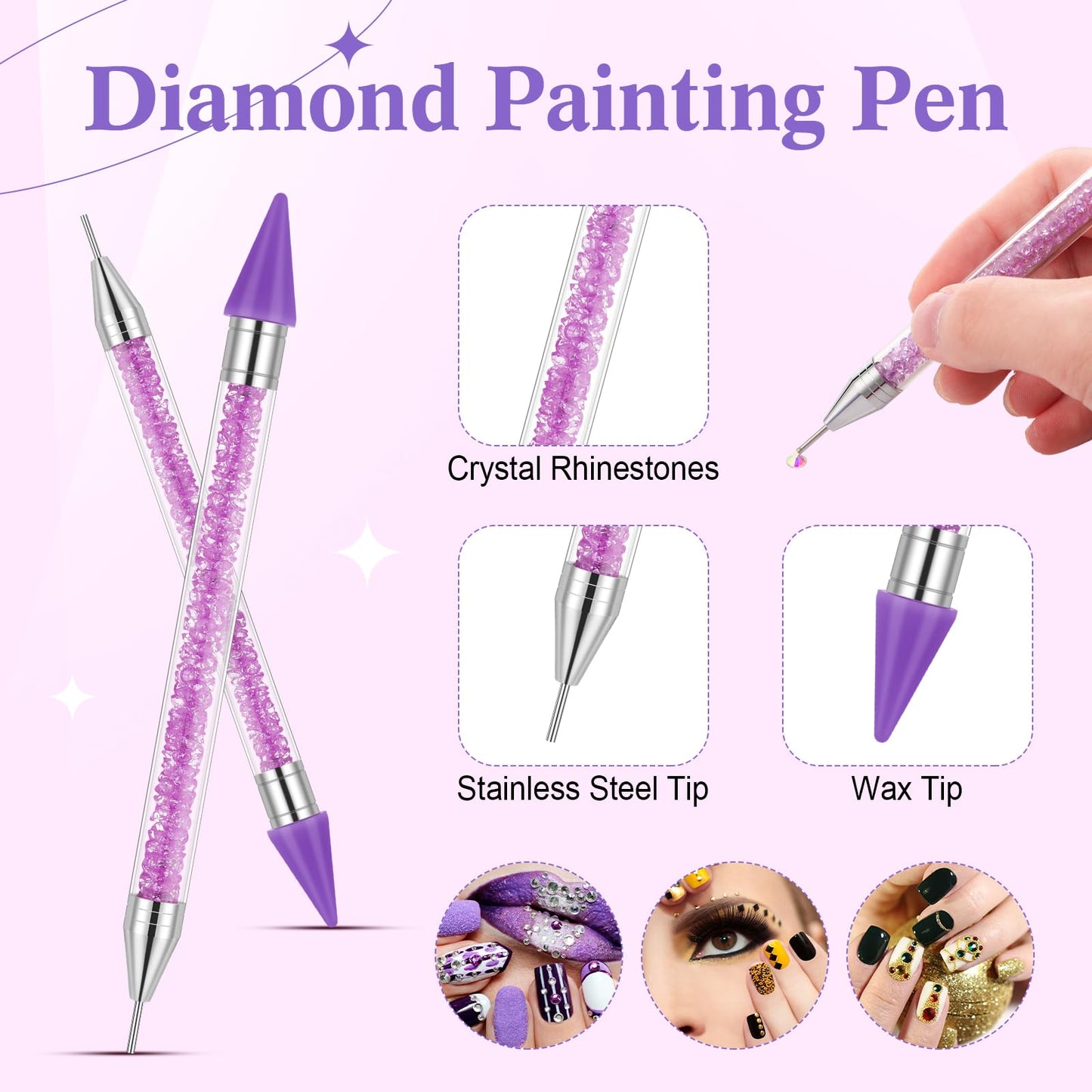 Tatuo Rhinestone Picker Tool Set Wax Pen for Rhinestones Diamond Art Painting Dual Head Dotting Pen with 2 Extra Wax Tips and 1 Nail Art Tweezer for Nail Art DIY Crafts (Purple)