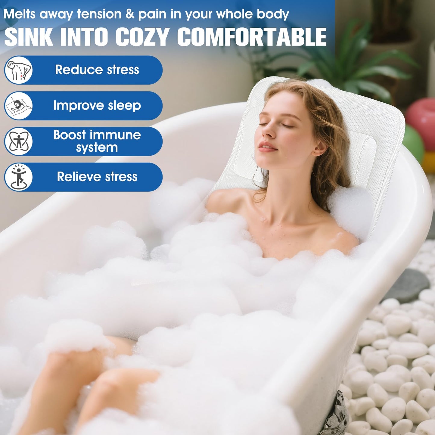 Full Body Bath Pillow for Bathtub,Luxury Thick Bath Cushion for Soaking Tub w/Adjustable Lumbar Support Full Body Bathtub Pillows for Head and Neck Shoulder Support,5D Air Mesh,51"x 16.5"White