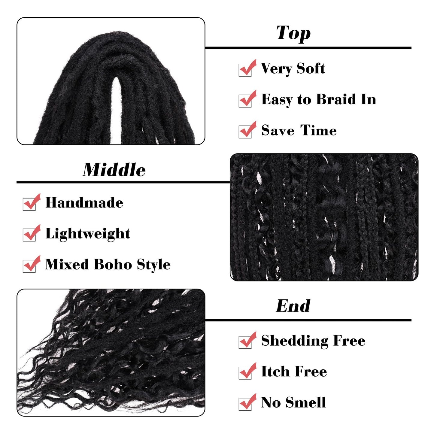 Leeven 30 Strands Double Ended Dreadlock Extensions 24 Inch Black Thin Synthetic Boho Dreads 3 Style Mixed Full Set Wool DE Viking Dread Braid in Soft Wavy Curly Hippie Dreads for Women Men