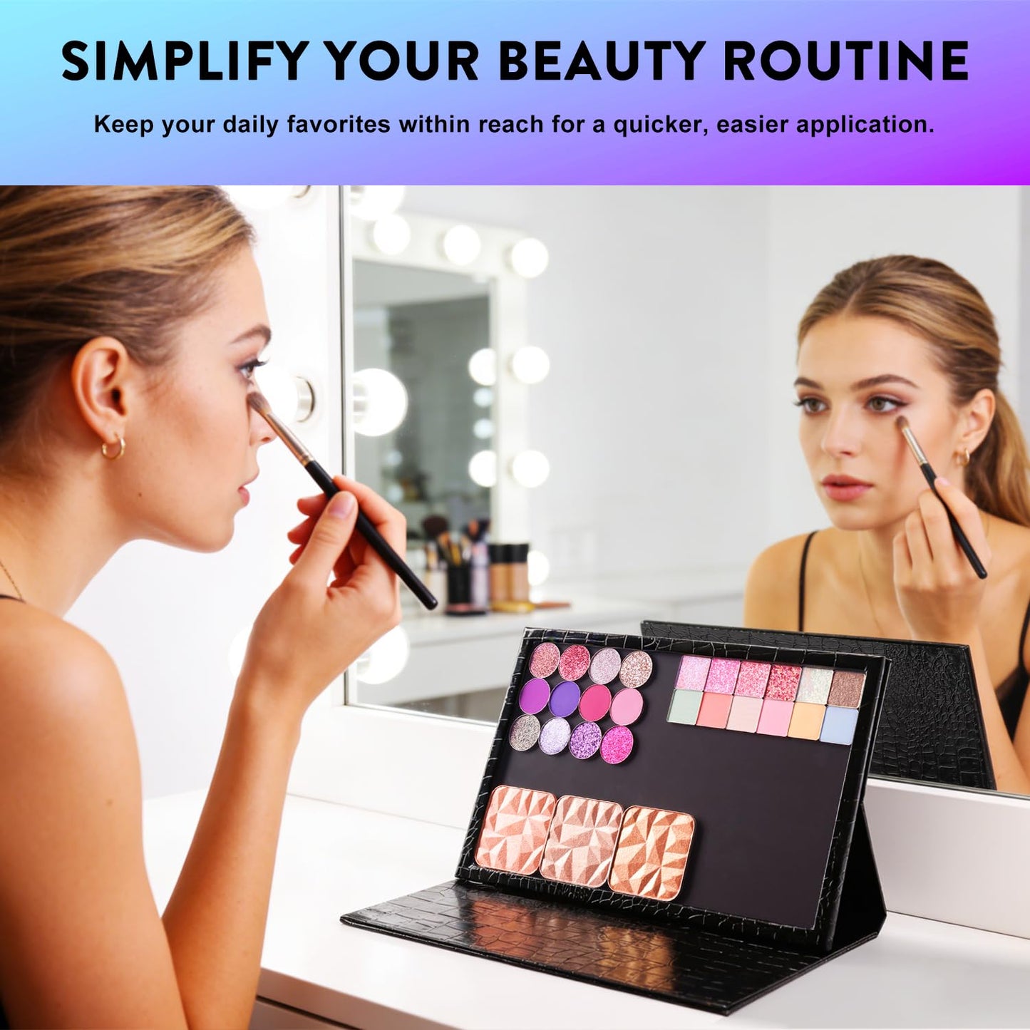 Large Empty Magnetic Makeup Palette with Foldable Stand (Holds 60 Standard Pans) – Professional PU Leather DIY Eyeshadow Organizer Case for Depotting & Travel (Black)