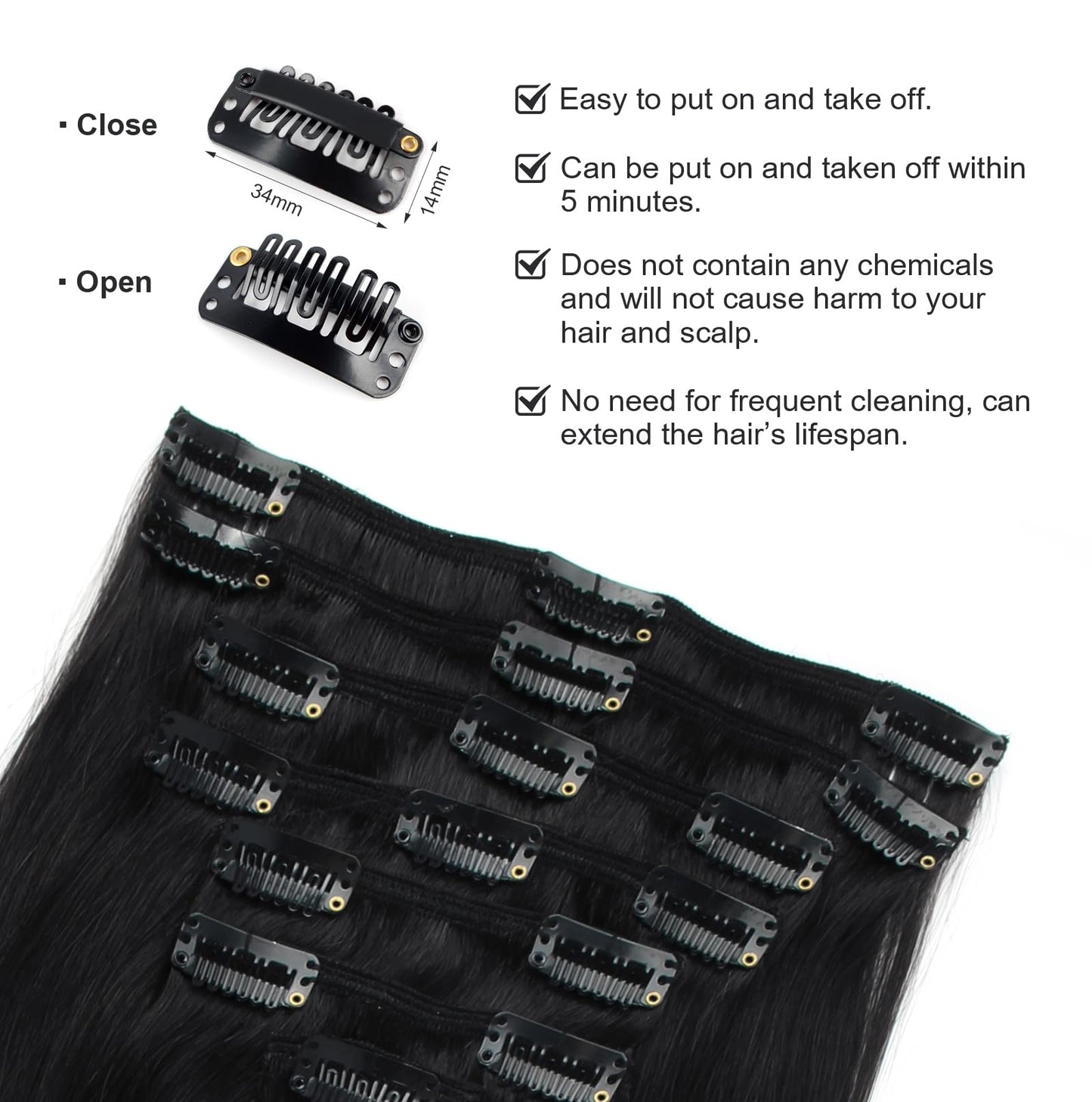 ABH AMAZINGBEAUTY HAIR Clip in Hair Extensions Real Human Hair Invisible Double Wefts 100% Real Remy Human Hair Clip in Extensions Silky Straight Jet Black 18 Clips 90G 16 Inch